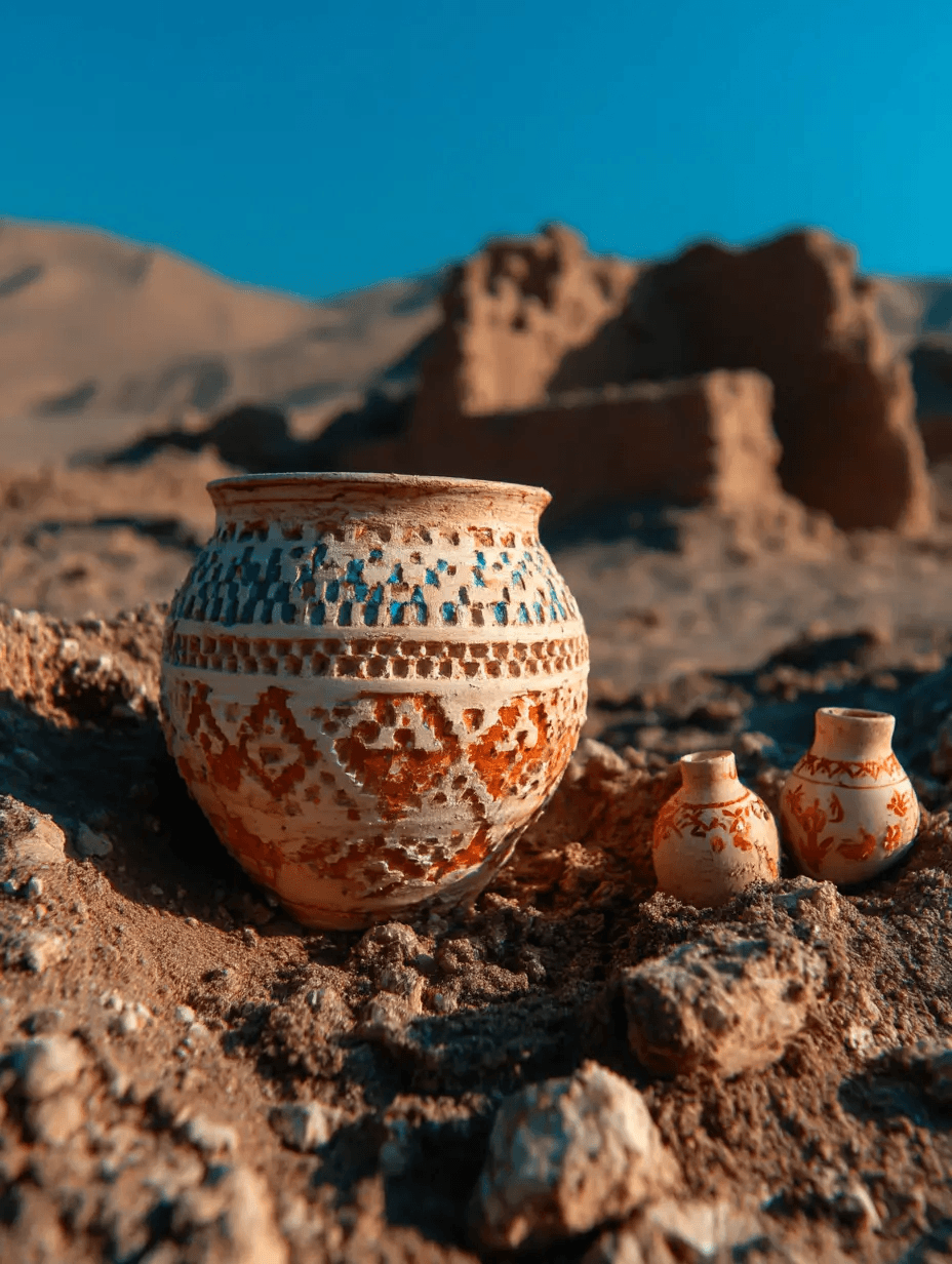 Hand-painted clay pots resting on desert sand